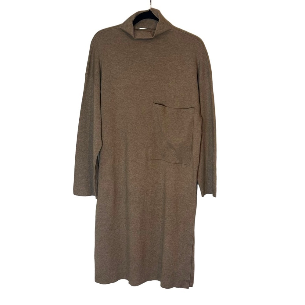 OAK + FORT Tan Mock Neck Large Pocket Long Sleeve Sweater Dress